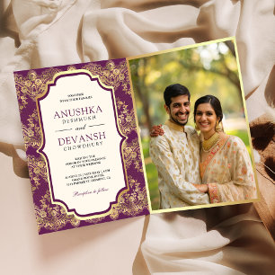 Invitación Código QR de Foto de Boda India con Encaje Dorado