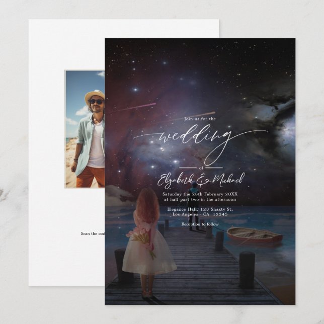 Invitación Código QR de foto de boda junto al muelle bajo el  (Anverso / Reverso)