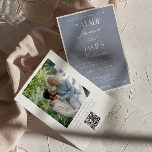 Invitación Código QR de Foto de Boda Retro Polvo Azul Dinero 