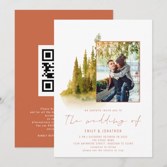 Invitación Código QR de Foto de Bosque de Otoño Boda de Terra (Anverso / Reverso)