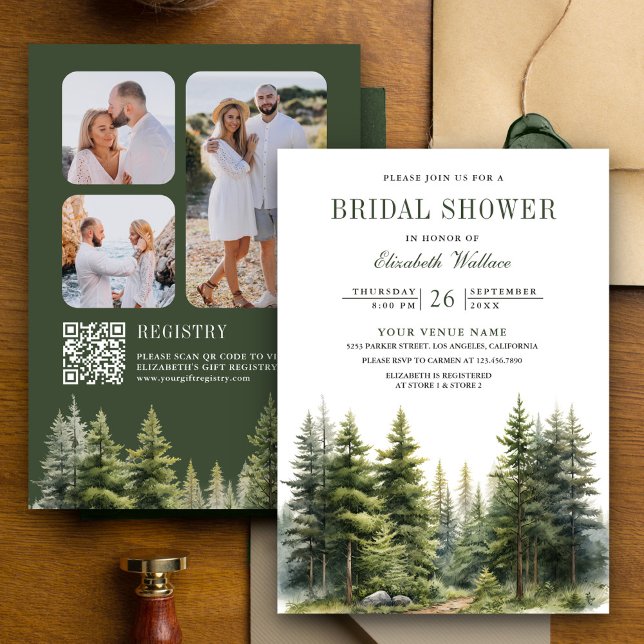 Invitación Código QR de foto de bosque de pinos para despedid (Subido por el creador)