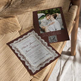 Invitación Código QR de foto de encaje marrón chocolate para 