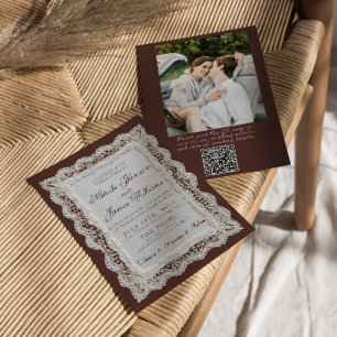 Invitación Código QR de foto de encaje marrón chocolate para 