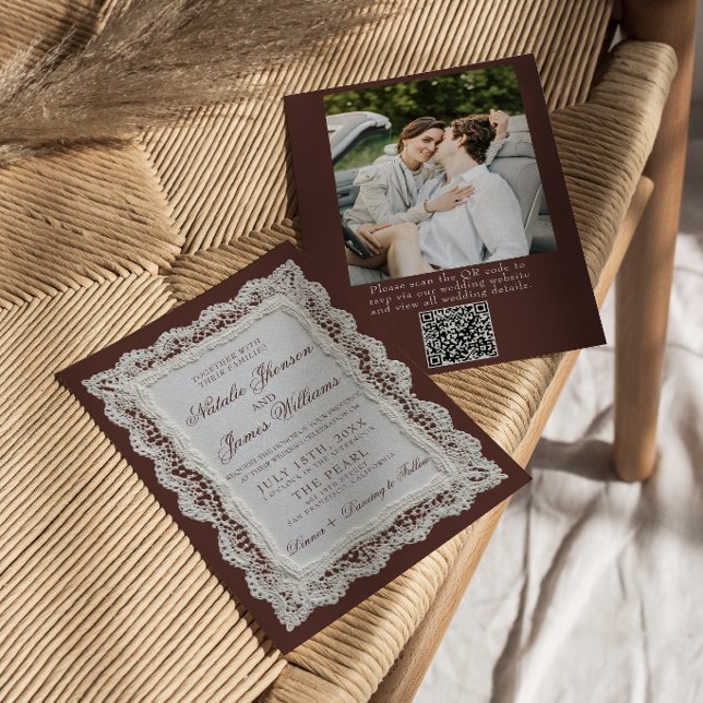 Invitación Código QR de foto de encaje marrón chocolate para  (Subido por el creador)