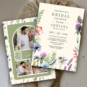 Invitación Código QR de foto de flores silvestres boho crema