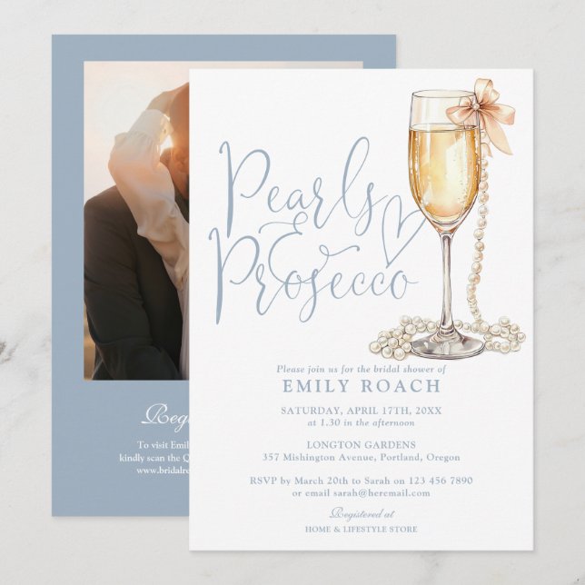 Invitación Código QR de Foto de Perlas y Prosecco para Desped (Anverso / Reverso)