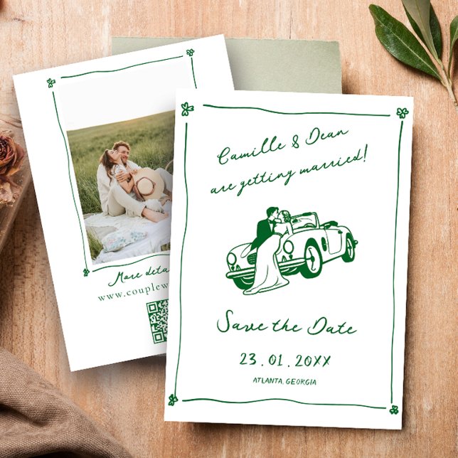 Invitación Código QR de foto de "Save the Date" verde dibujad (Subido por el creador)