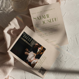 Invitación Código QR de foto elegante en verde oliva para bod