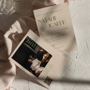 Invitación Código QR de foto elegante en verde oliva para bod