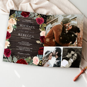 Invitación Código QR de Foto Floral de Melocotón de Borgoña M