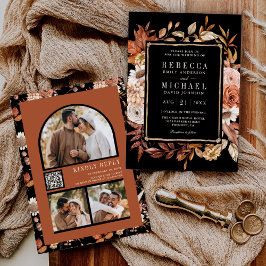 Invitación Código QR de Foto Floral de Terracota Boda Negra