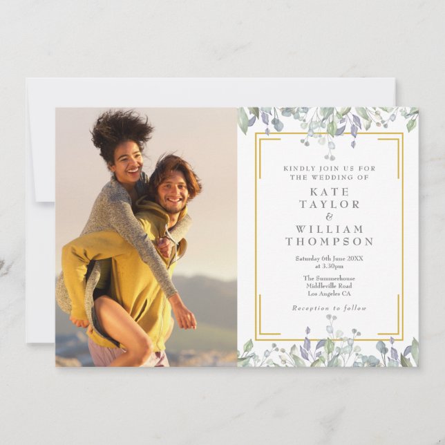 Invitación Código QR de foto floral elegante de boda de veget (Anverso)