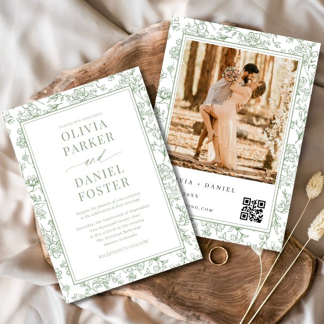 Invitación Código QR de foto floral francés verde salvia  (Subido por el creador)