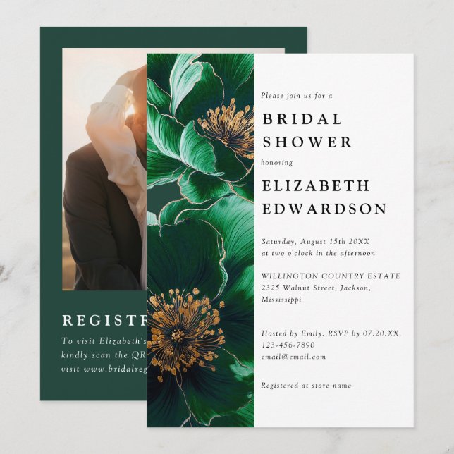 Invitación Código QR de Foto Floral Verde Esmeralda para Desp (Anverso / Reverso)