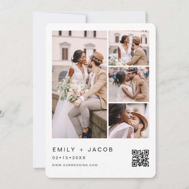 Invitación Código QR de foto minimalista Boda blanco (Anverso)