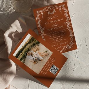 Invitación Código QR de Foto Naranja Quemada Floral Boda Boho