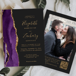 Invitación Código QR de Foto Oscura Ágata de Oro Púrpura Boda