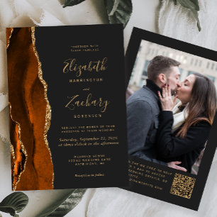Invitación Código QR de Foto Oscura de Ágata Dorada Naranja Q