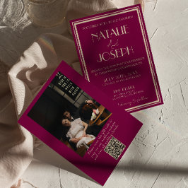 Invitación Código QR de foto retro de vino elegante para boda