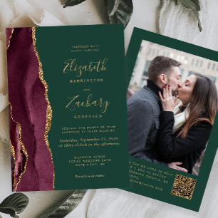 Invitación Código QR de Foto Verde Ágata Rojo Borgoña Boda