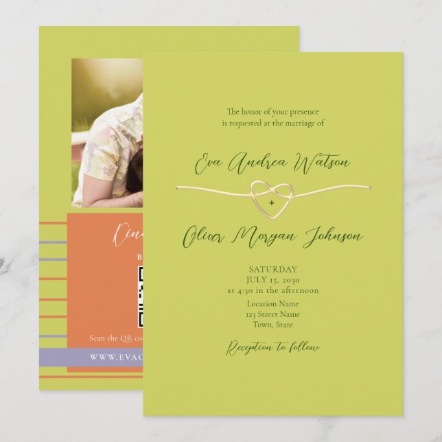 Invitación Código QR de Foto Verde de Citricos para Boda (Anverso / Reverso)