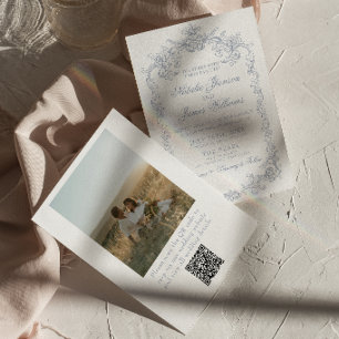 Invitación Código QR de foto Vintage Dusty Blue Old Money Bod