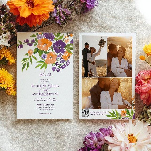 Invitación Código Qr de fotos florales púrpura naranja jardín (Garden Purple Orange Floral photos Qr code wedding Invitation)