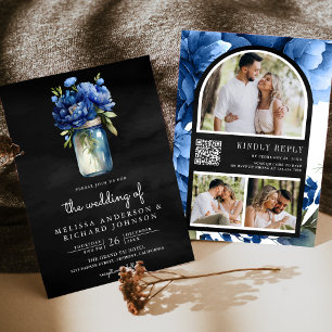 Invitación Código QR de frasco de albañil floral azul real bo