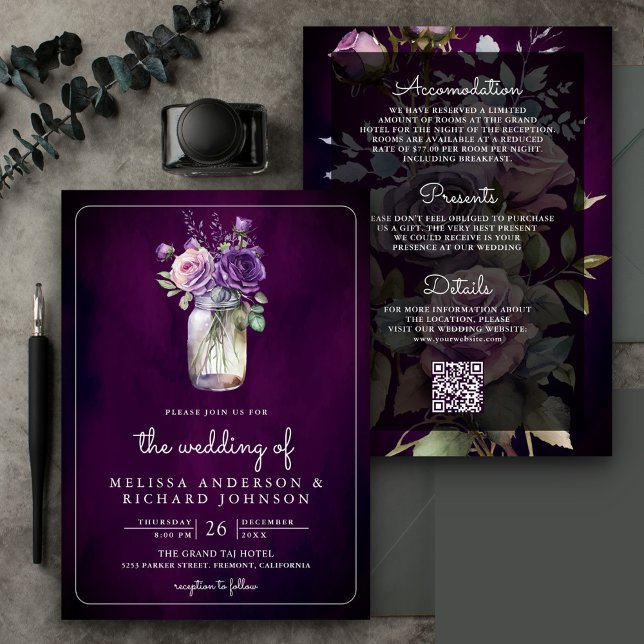 Invitación Código QR de frasco de Mason floral morado oscuro  (Subido por el creador)