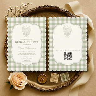 Invitación Código QR de Gingham Verde Sage Despedida de Solte