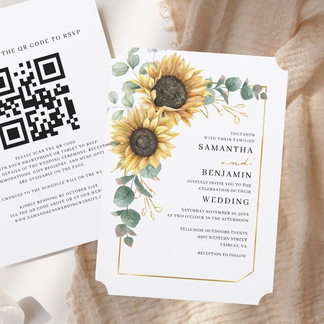 Invitación Código QR de Girasol Floral Todo en Uno Boda (Floral Sunflower Eucalyptus QR Code Rustic Wedding Invitation)