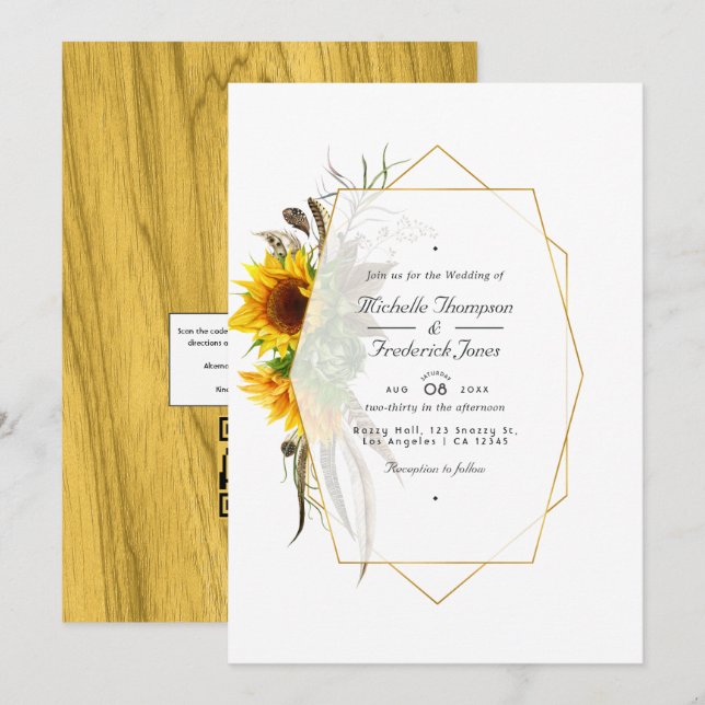 Invitación Código QR de girasoles rústicos RSVP Boda bohemio (Anverso / Reverso)