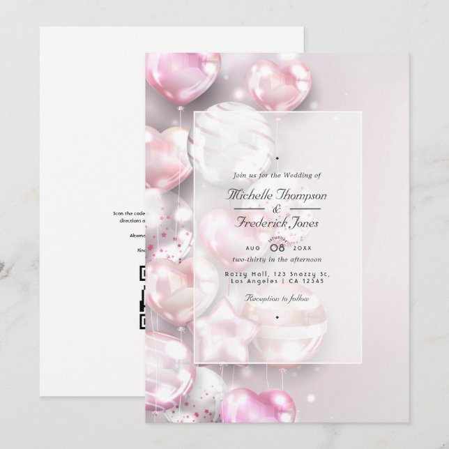 Invitación Código QR de globos de oro rosa y rosa RSVP Boda (Anverso / Reverso)