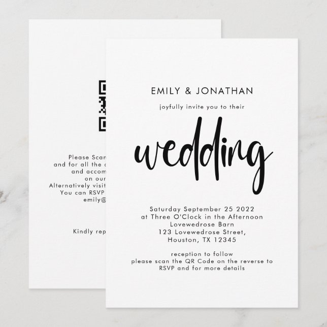 Invitación Código QR de Guión Simple Negro Blanco Boda (Anverso / Reverso)