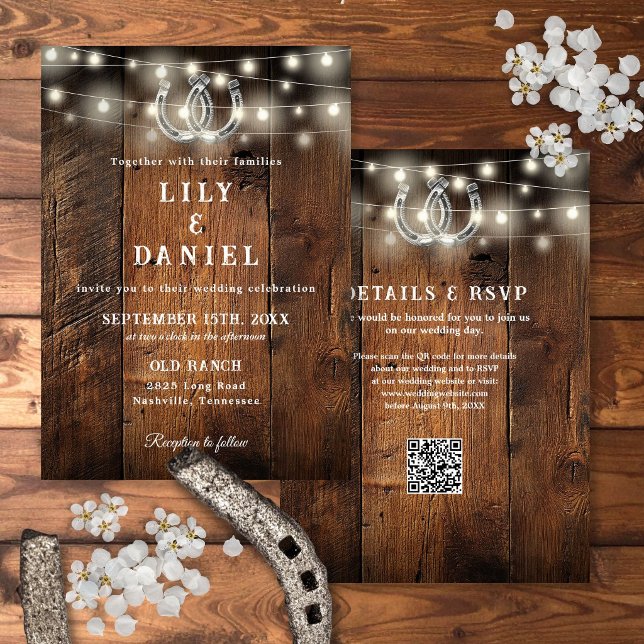 Invitación Código QR de herraduras occidentales Todo en uno B (Western Horseshoes QR Code All In One Wedding Invitation)