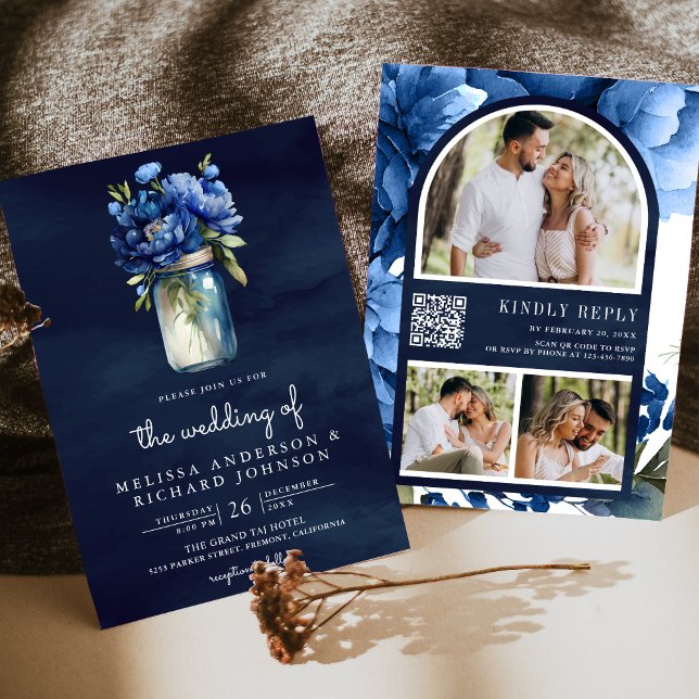 Invitación Código QR de Jarrón Mason Floral Azul Real Boda Ma (Subido por el creador)