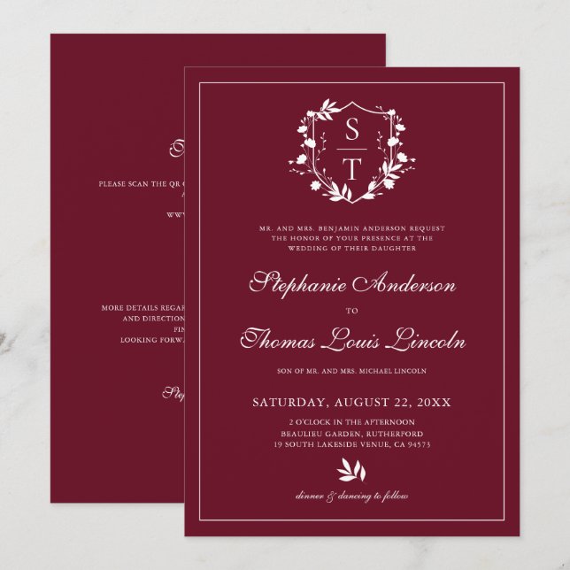 Invitación Código QR de la boda Borgoña Cresta Botánica (Anverso / Reverso)