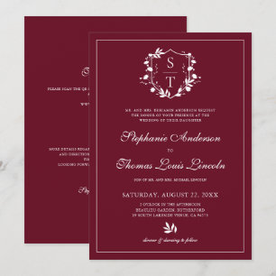 Invitación Código QR de la boda Borgoña Cresta Botánica