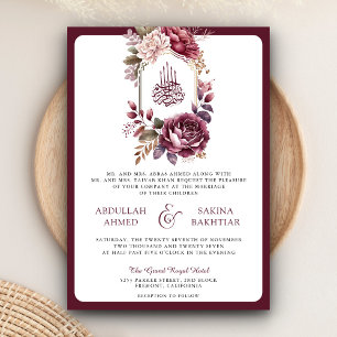 Invitación Código QR de la Cresta Floral de Borgoña para Boda