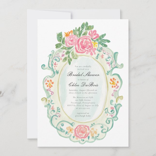 Invitación Código QR de la ducha de novia floral rococó elega (Anverso)