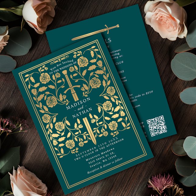 Invitación Código QR de la Espada Dorada Real Teal Medieval p (Subido por el creador)