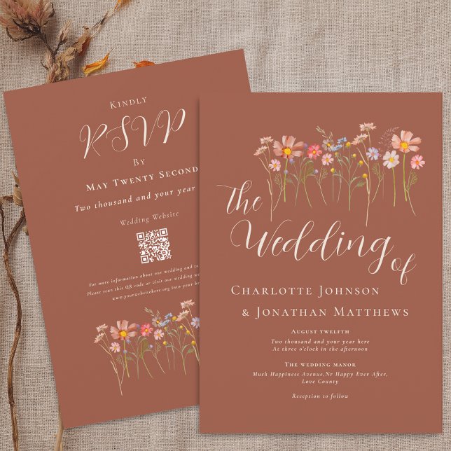 Invitación Código QR de la Flor Silvestre Boho Fall (Boho rustic fall wildflower floral terracotta brown wedding qr code invitation watercolor meadow )