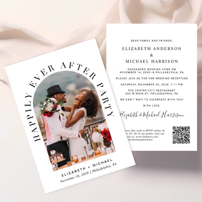 Invitación Código QR de la foto del Arco Elegante en la recep (Celebrate your love story with an invitation showcasing your favorite photo in an elegant arch frame)