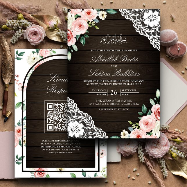 Invitación Código QR de madera de granero floral rosa para bo (Subido por el creador)