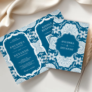 Invitación Código QR de Mandala Azul y Blanco Boda India