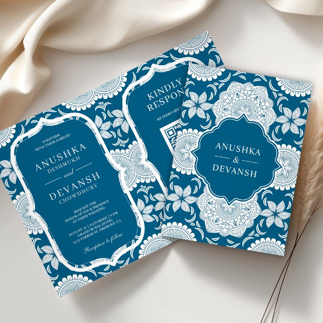 Invitación Código QR de Mandala Azul y Blanco Boda India (Subido por el creador)