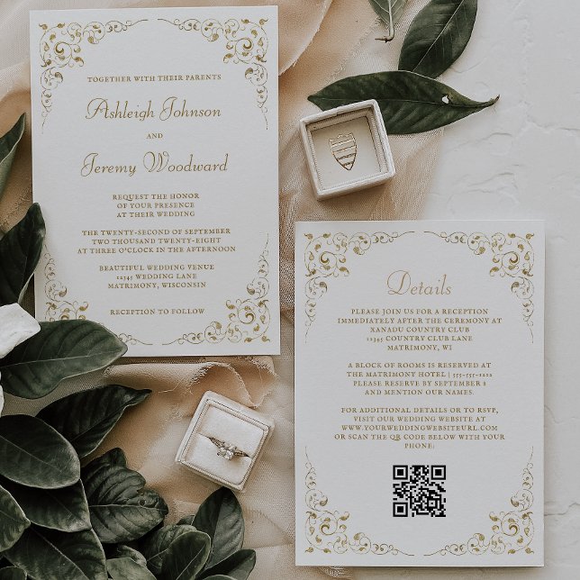 Invitación Código QR de marco botánico con guión dorado (Subido por el creador)