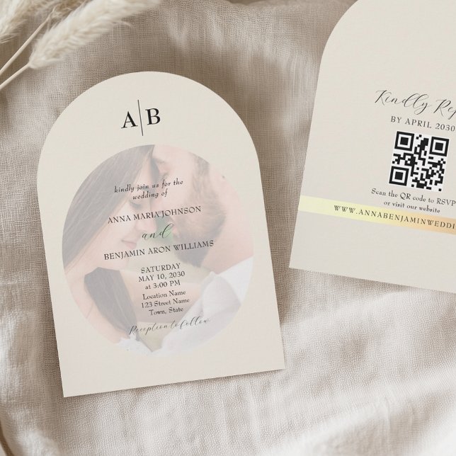 Invitación Código QR de marfil y boda de foto de monograma (Subido por el creador)