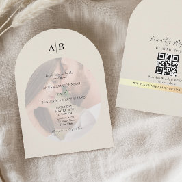 Invitación Código QR de marfil y foto de boda con monograma