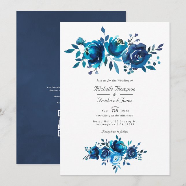 Invitación Código QR de Marina y Floral Blanca RSVP Boda Jard (Anverso / Reverso)